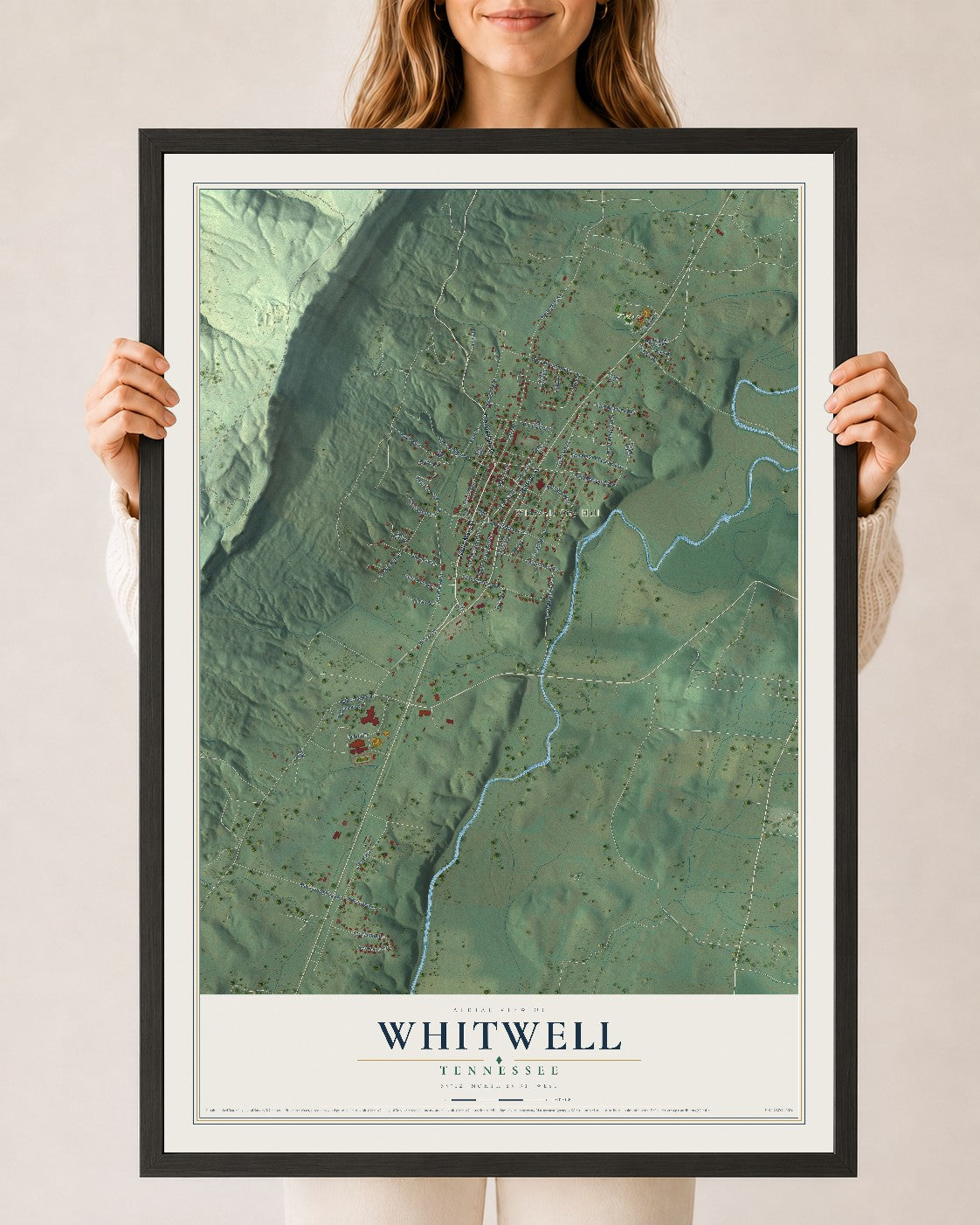 Map of Whitwell, Tennessee, 24 x 36 inch print in a black wood frame