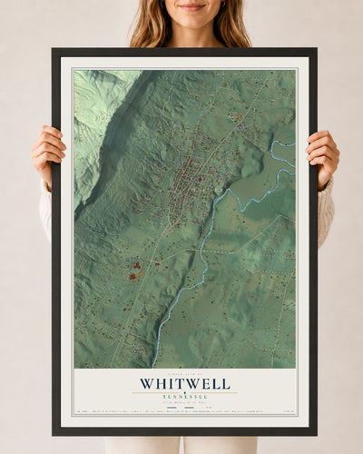 Map of Whitwell, Tennessee, 24 x 36 inch print in a black wood frame