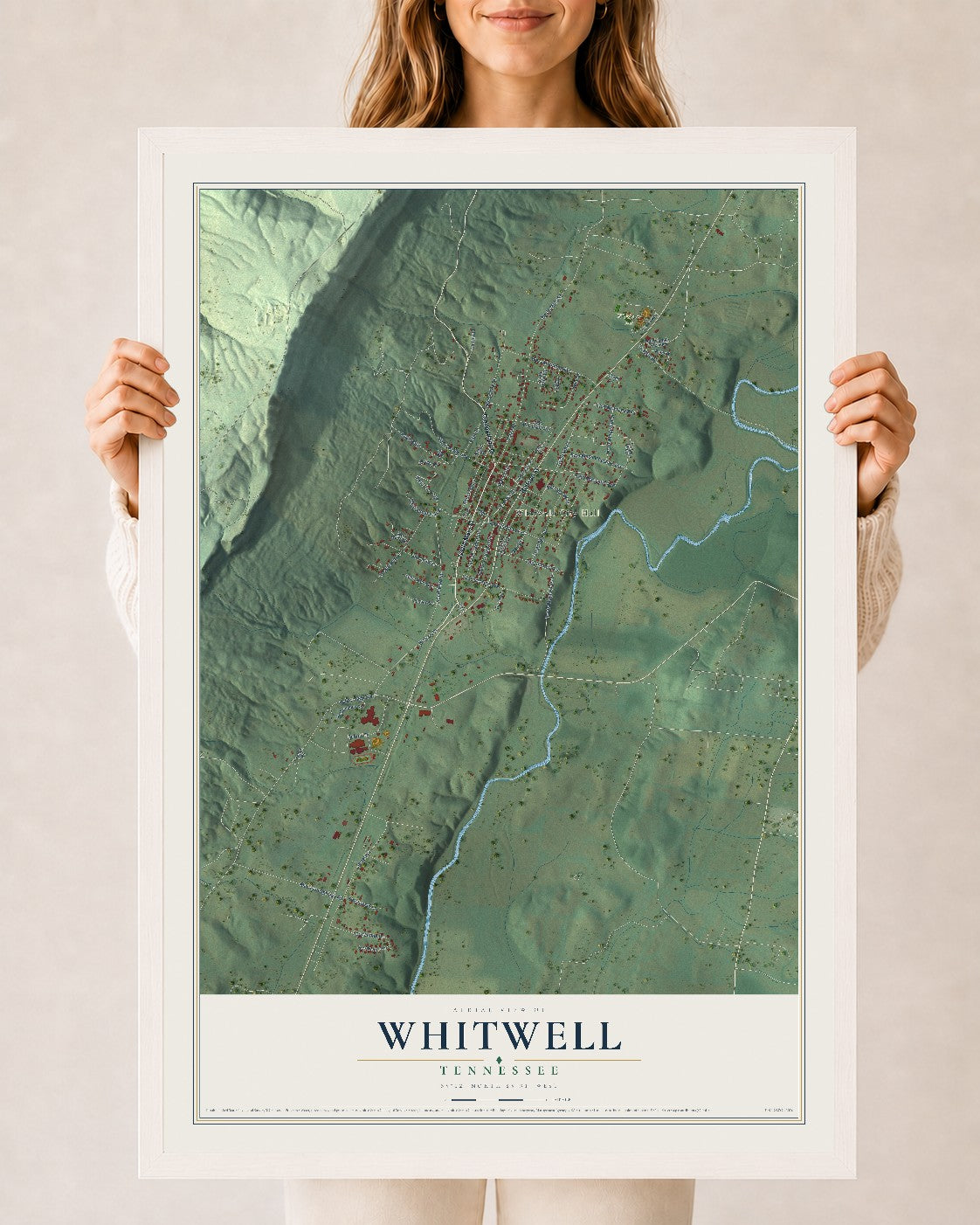 Map of Whitwell, Tennessee, 24 x 36 inch print in a white wood frame