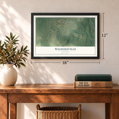 Wildersville, Tennessee map, 12 x 18 inch print in a black frame in an entryway