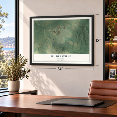Wildersville, Tennessee map, 18 x 24 inch print in a black frame in a home office