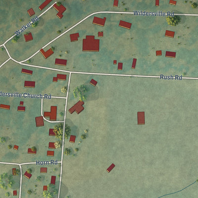 Close-up of the map of Wildersville, Tennessee print showing street and building detail