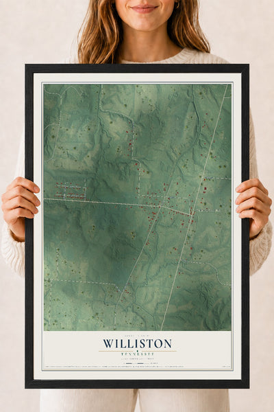 Map of Williston, Tennessee, 18 x 24 inch print in a black wood frame