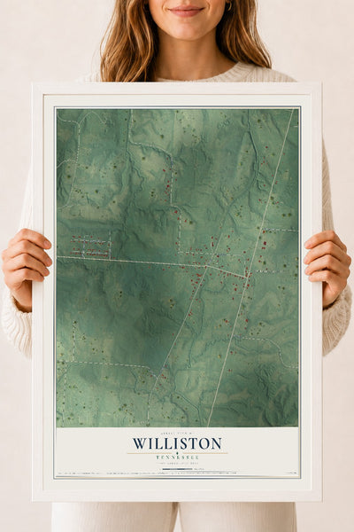 Map of Williston, Tennessee, 18 x 24 inch print in a white wood frame