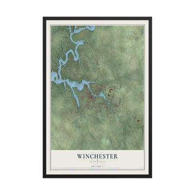 Map of Winchester, Tennessee, 12 x 18 inch print in a black wood frame