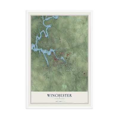 Map of Winchester, Tennessee, 12 x 18 inch print in a white wood frame