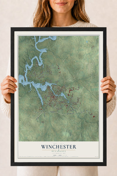 Map of Winchester, Tennessee, 18 x 24 inch print in a black wood frame
