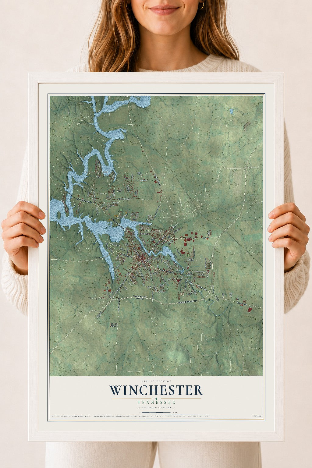 Map of Winchester, Tennessee, 18 x 24 inch print in a white wood frame