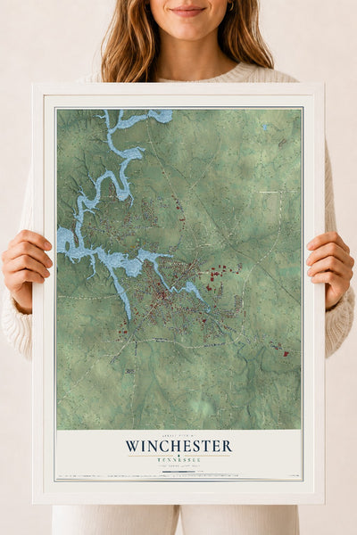 Map of Winchester, Tennessee, 18 x 24 inch print in a white wood frame