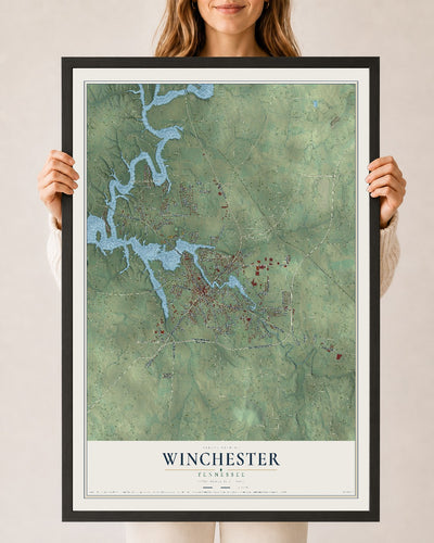 Map of Winchester, Tennessee, 24 x 36 inch print in a black wood frame