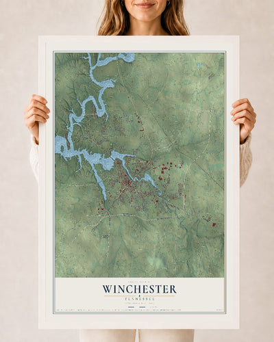 Map of Winchester, Tennessee, 24 x 36 inch print in a white wood frame