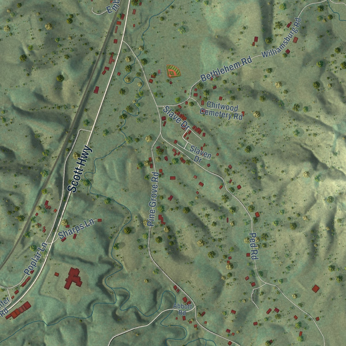 Second close-up of the map of Winfield, Tennessee print showing more streets and buildings