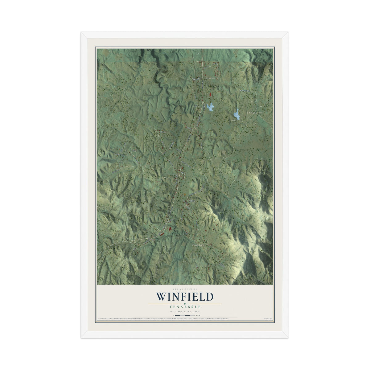 Map of Winfield, Tennessee, 12 x 18 inch print in a white wood frame