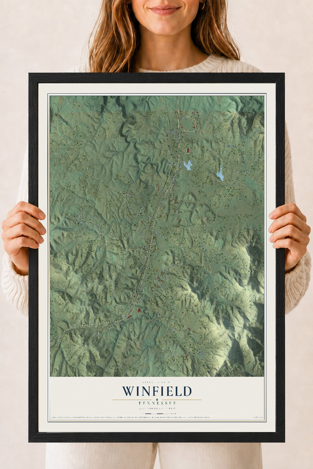 Map of Winfield, Tennessee, 18 x 24 inch print in a black wood frame