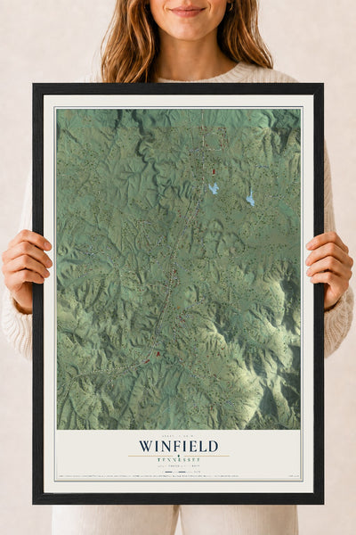 Map of Winfield, Tennessee, 18 x 24 inch print in a black wood frame