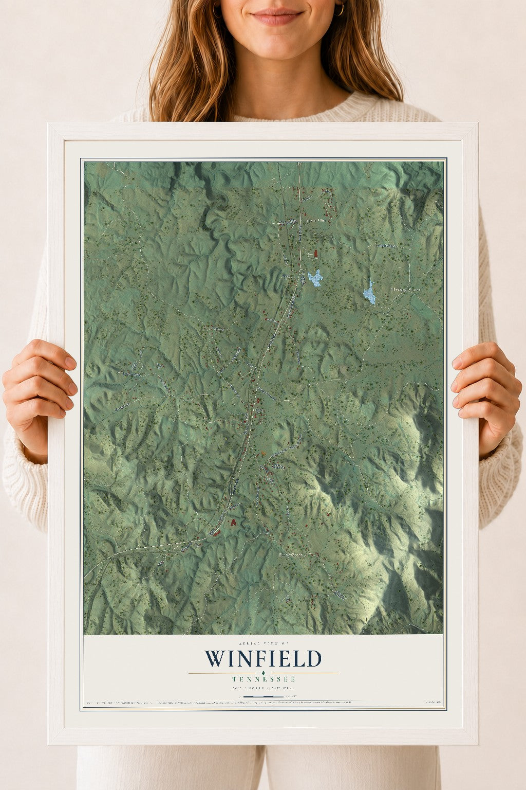 Map of Winfield, Tennessee, 18 x 24 inch print in a white wood frame