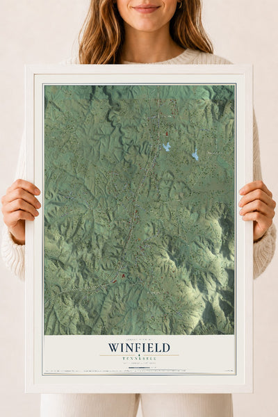 Map of Winfield, Tennessee, 18 x 24 inch print in a white wood frame