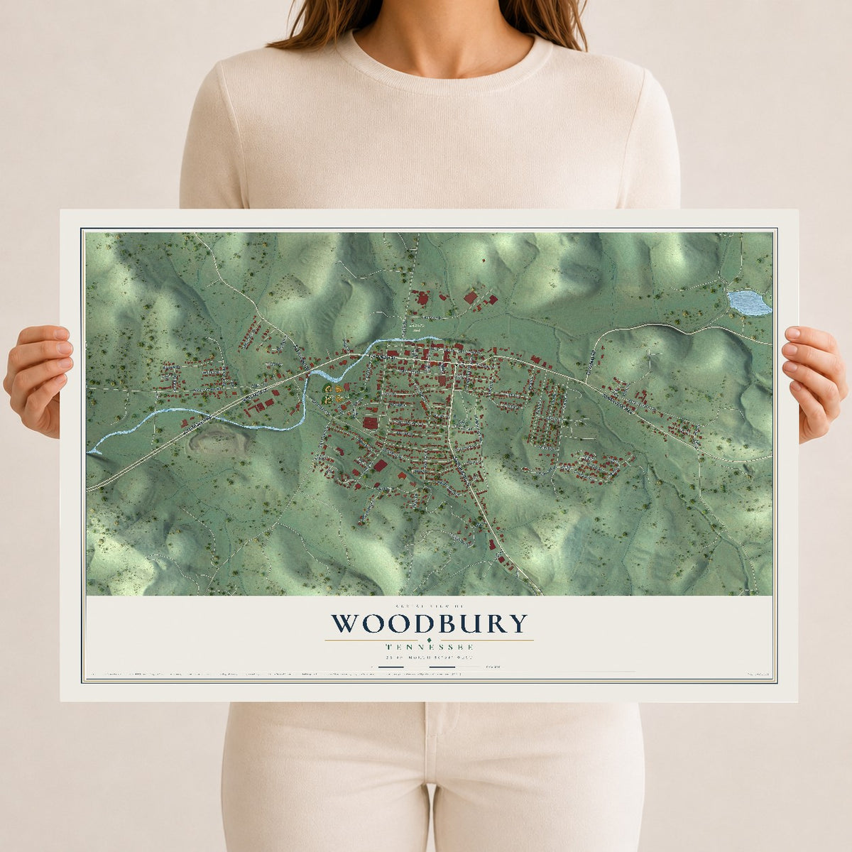 Map of Woodbury, Tennessee, 12 x 18 inch unframed archival matte print