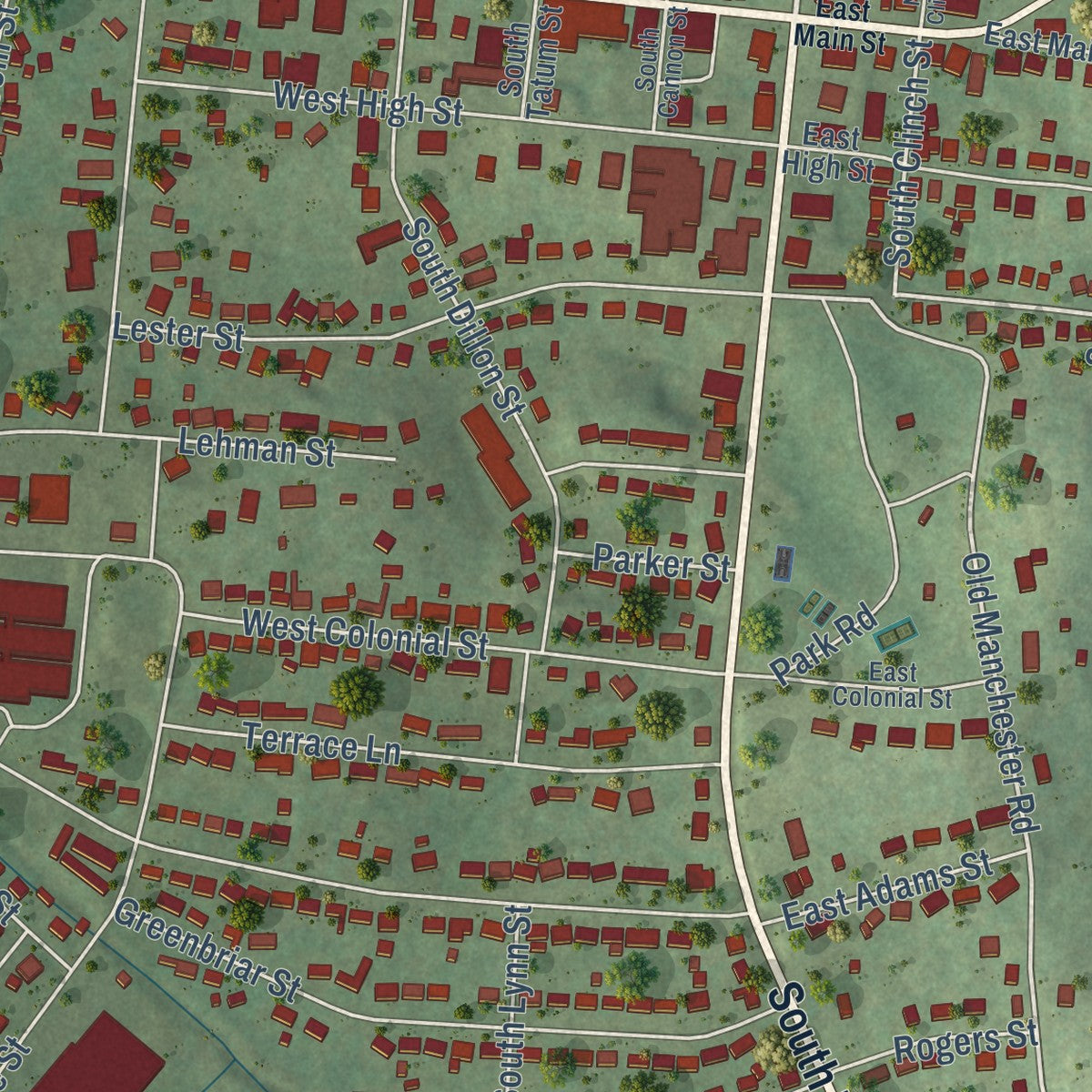 Close-up of the map of Woodbury, Tennessee print showing street and building detail