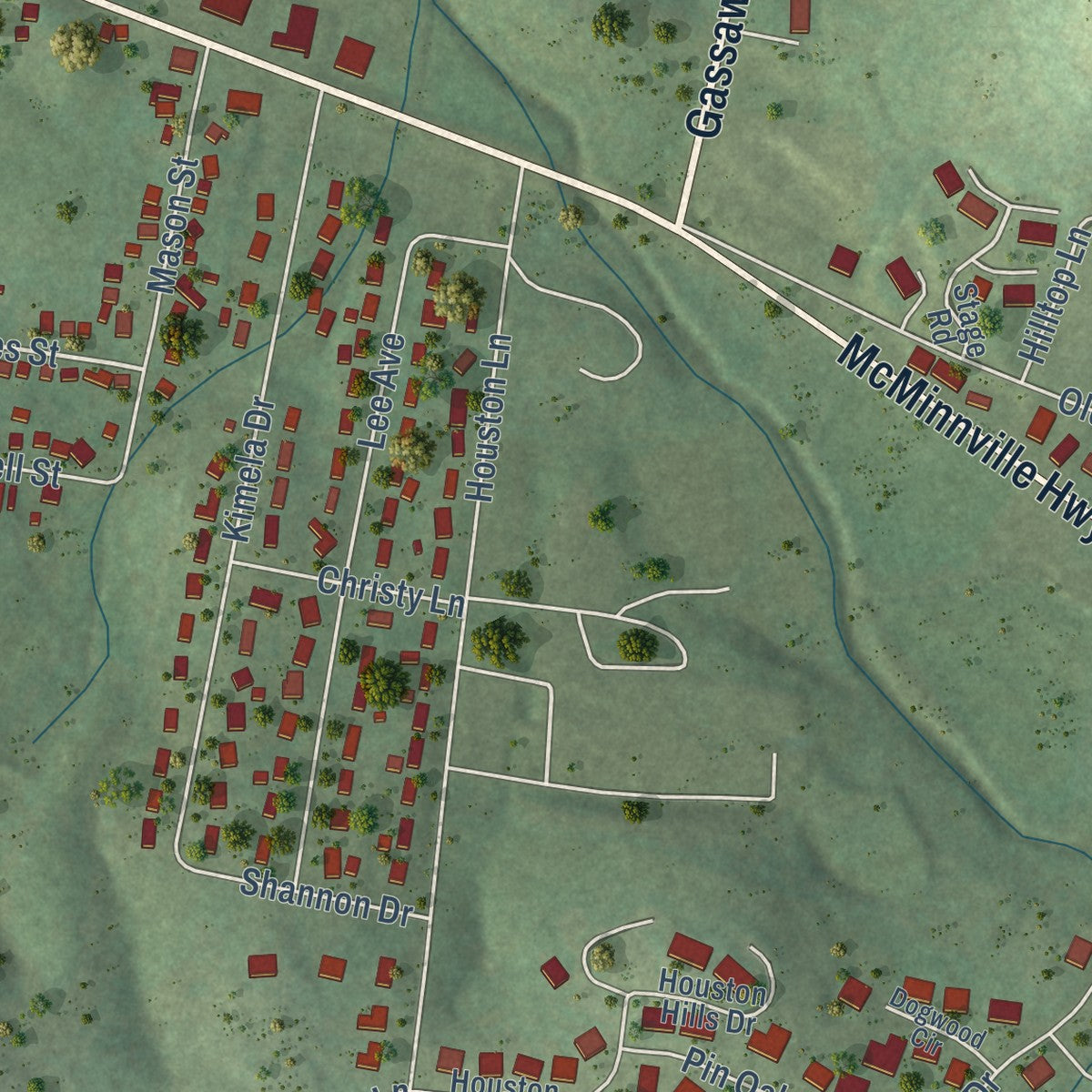 Second close-up of the map of Woodbury, Tennessee print showing more streets and buildings