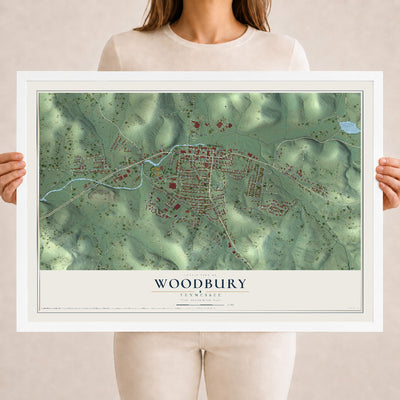 Map of Woodbury, Tennessee, 18 x 24 inch print in a white wood frame