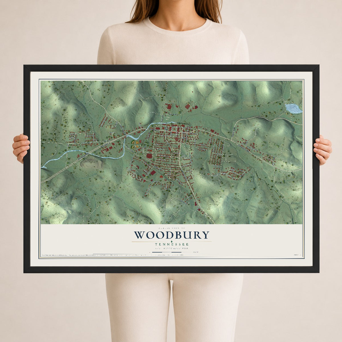 Map of Woodbury, Tennessee, 24 x 36 inch print in a black wood frame