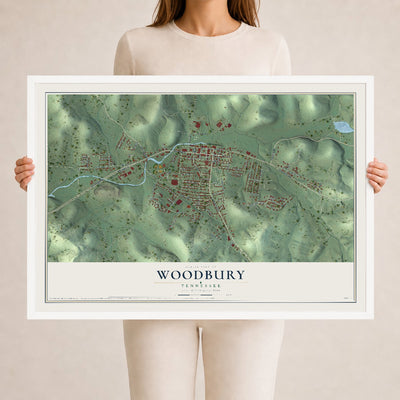 Map of Woodbury, Tennessee, 24 x 36 inch print in a white wood frame