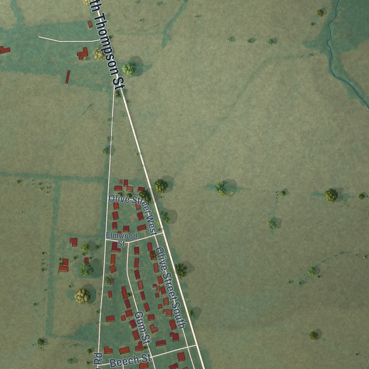 Second close-up of the map of Woodland Mills, Tennessee print showing more streets and buildings