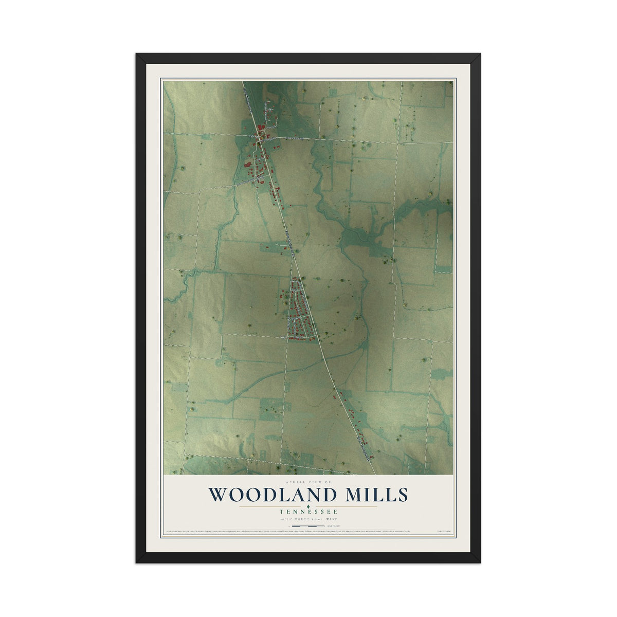 Map of Woodland Mills, Tennessee, 12 x 18 inch print in a black wood frame
