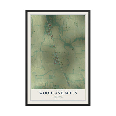Map of Woodland Mills, Tennessee, 12 x 18 inch print in a black wood frame