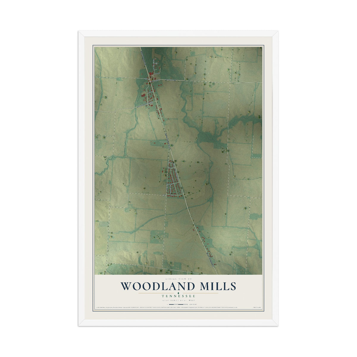 Map of Woodland Mills, Tennessee, 12 x 18 inch print in a white wood frame