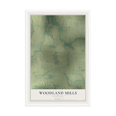 Map of Woodland Mills, Tennessee, 12 x 18 inch print in a white wood frame