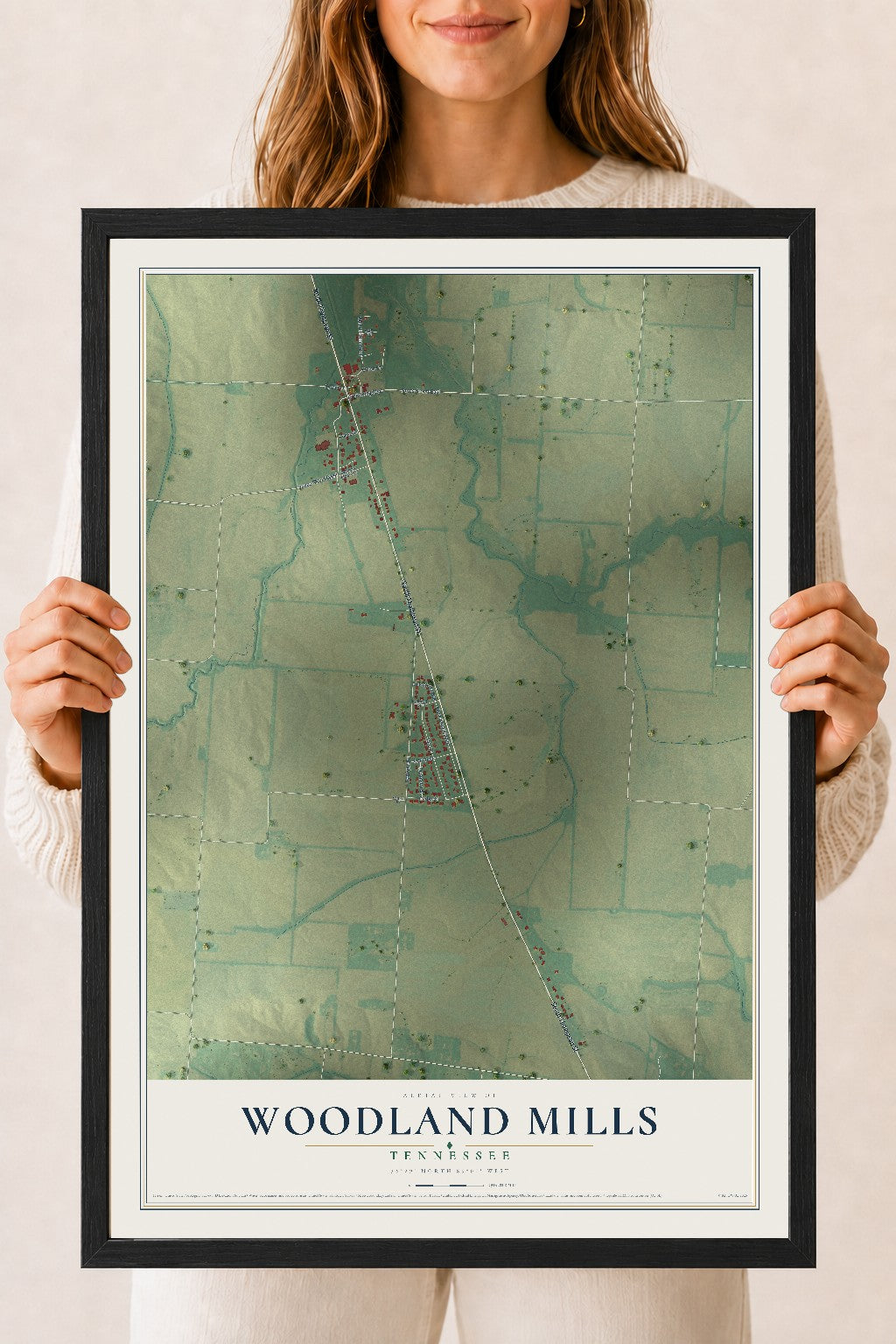 Map of Woodland Mills, Tennessee, 18 x 24 inch print in a black wood frame