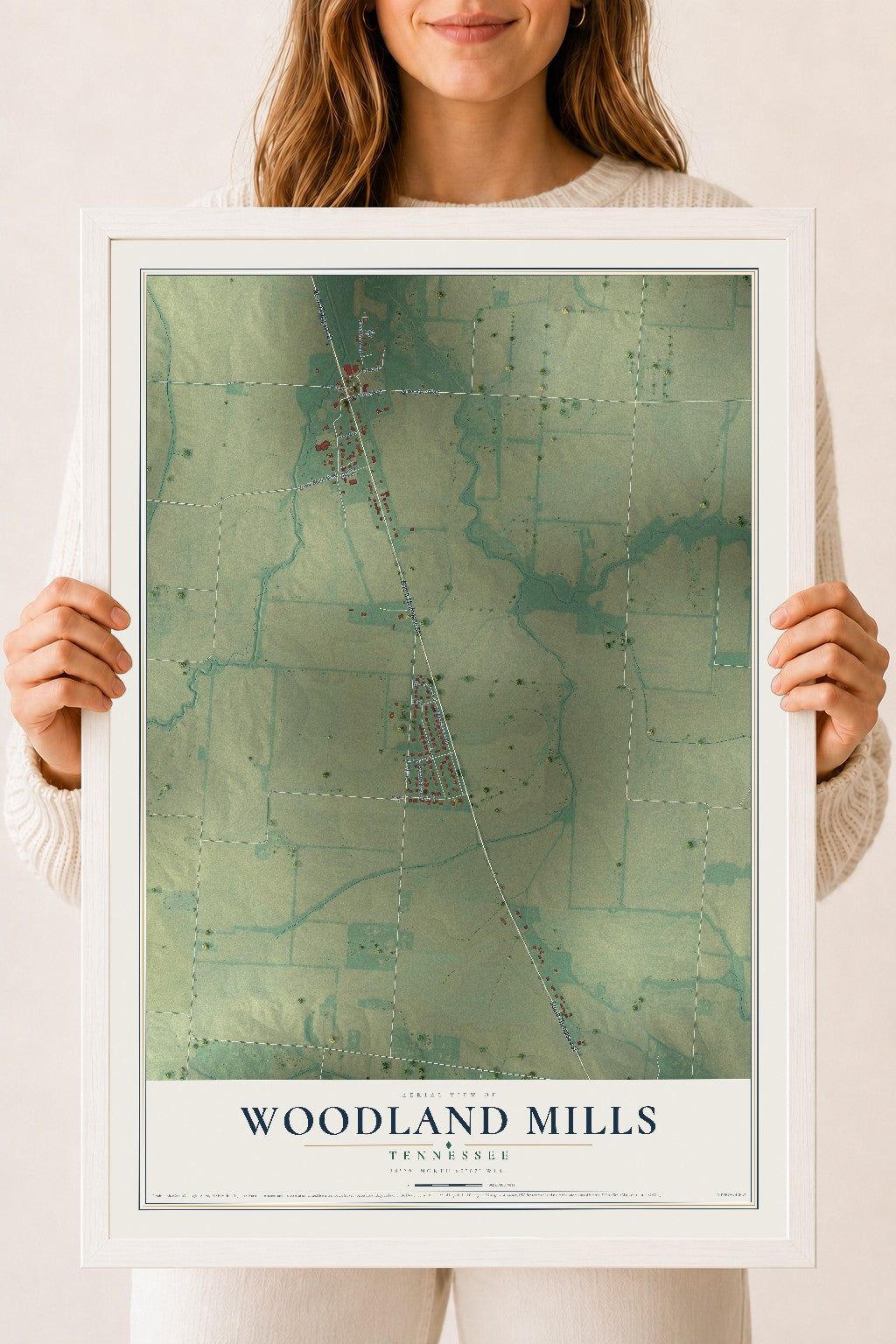 Map of Woodland Mills, Tennessee, 18 x 24 inch print in a white wood frame