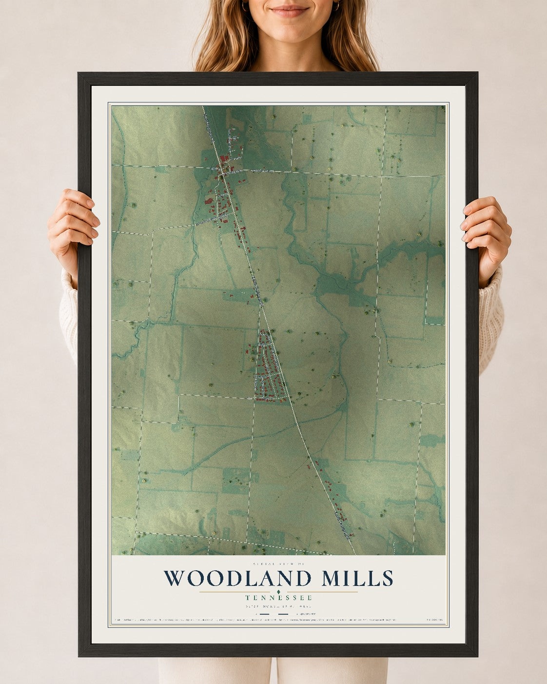 Map of Woodland Mills, Tennessee, 24 x 36 inch print in a black wood frame