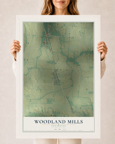 Map of Woodland Mills, Tennessee, 24 x 36 inch print in a white wood frame