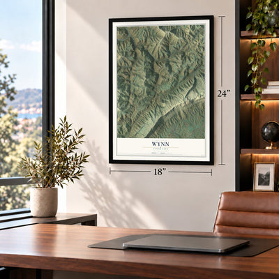 Wynn, Tennessee map, 18 x 24 inch print in a black frame in a home office