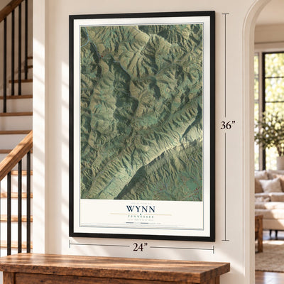 Wynn, Tennessee map, 24 x 36 inch print in a black frame by a staircase
