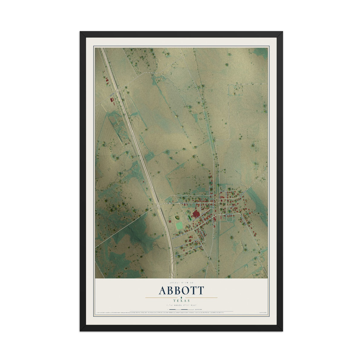 Map of Abbott, Texas, 12 x 18 inch print in a black wood frame