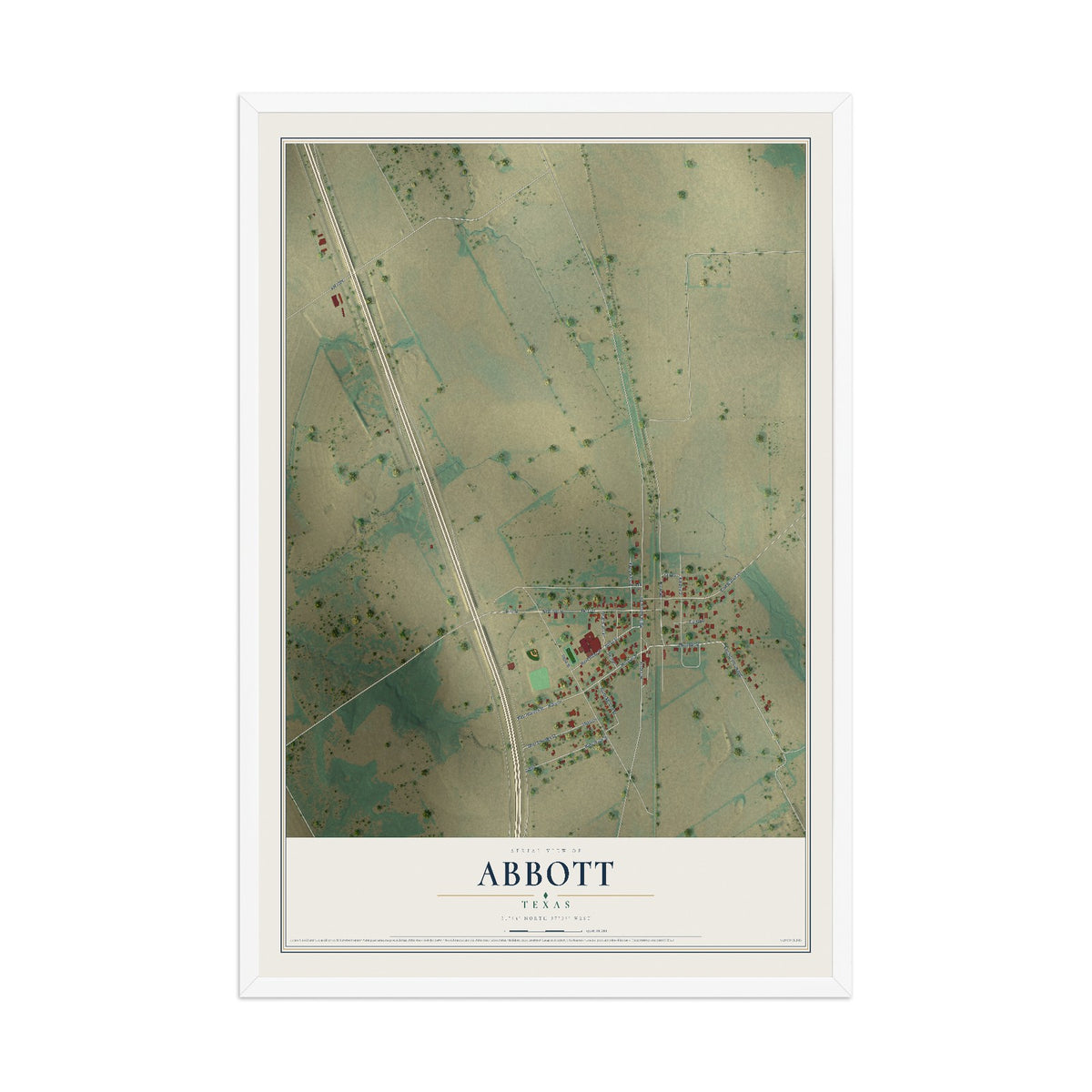 Map of Abbott, Texas, 12 x 18 inch print in a white wood frame