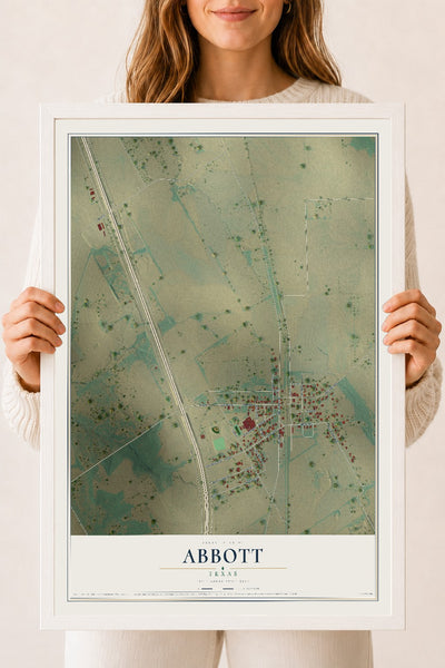 Map of Abbott, Texas, 18 x 24 inch print in a white wood frame