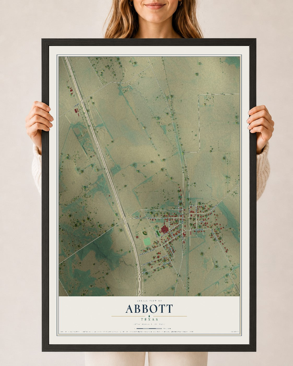 Map of Abbott, Texas, 24 x 36 inch print in a black wood frame