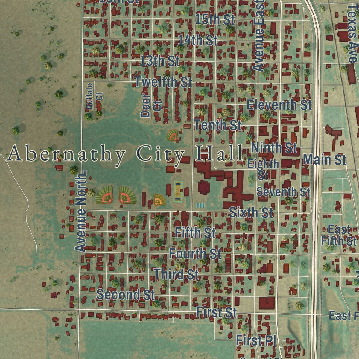 Close-up of the map of Abernathy, Texas print showing street and building detail