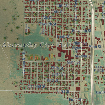 Close-up of the map of Abernathy, Texas print showing street and building detail