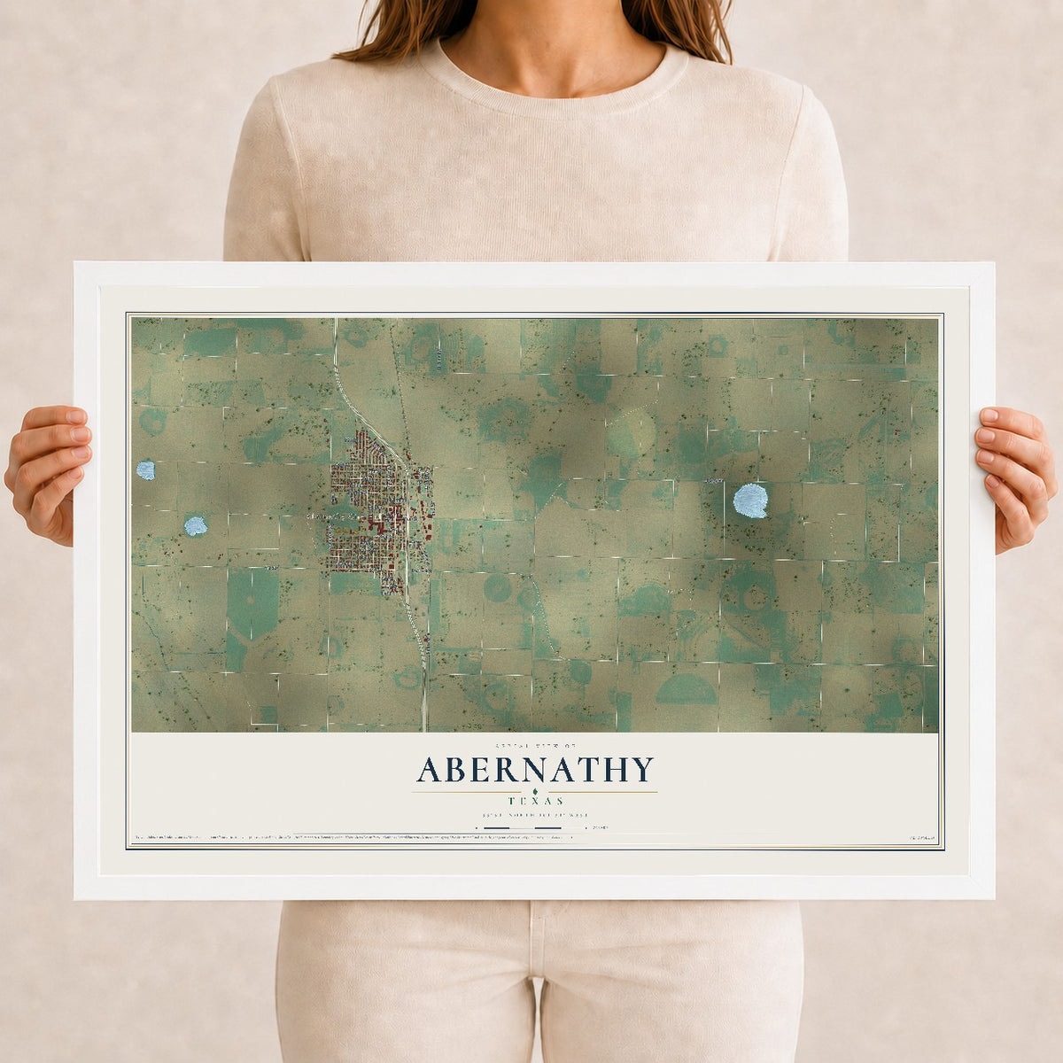 Map of Abernathy, Texas, 12 x 18 inch print in a white wood frame