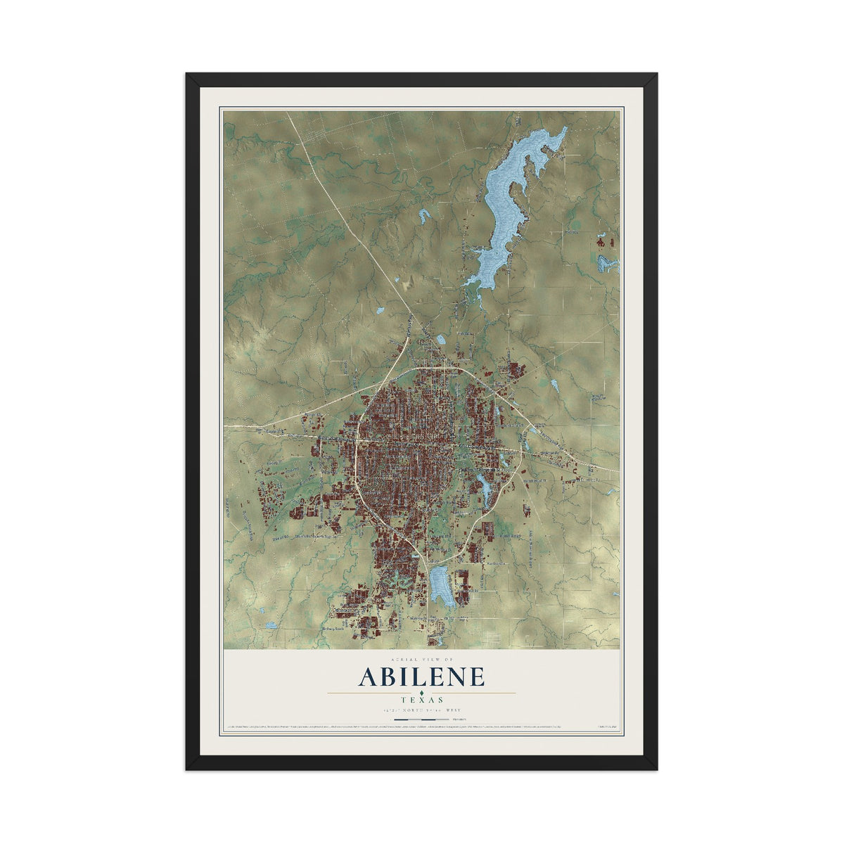 Map of Abilene, Texas, 12 x 18 inch print in a black wood frame