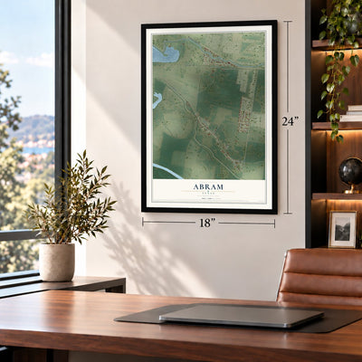 Abram, Texas map, 18 x 24 inch print in a black frame in a home office