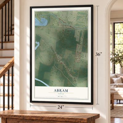 Abram, Texas map, 24 x 36 inch print in a black frame by a staircase