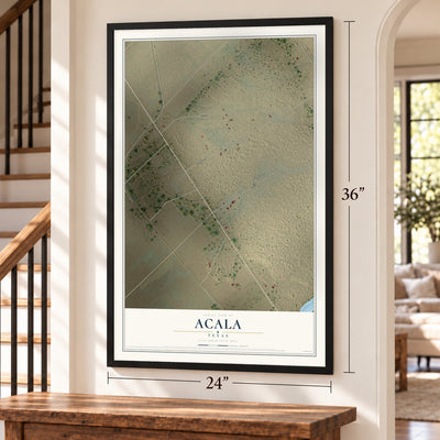 Acala, Texas map, 24 x 36 inch print in a black frame by a staircase