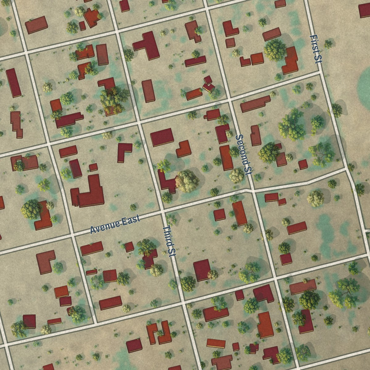 Close-up of the map of Ackerly, Texas print showing street and building detail